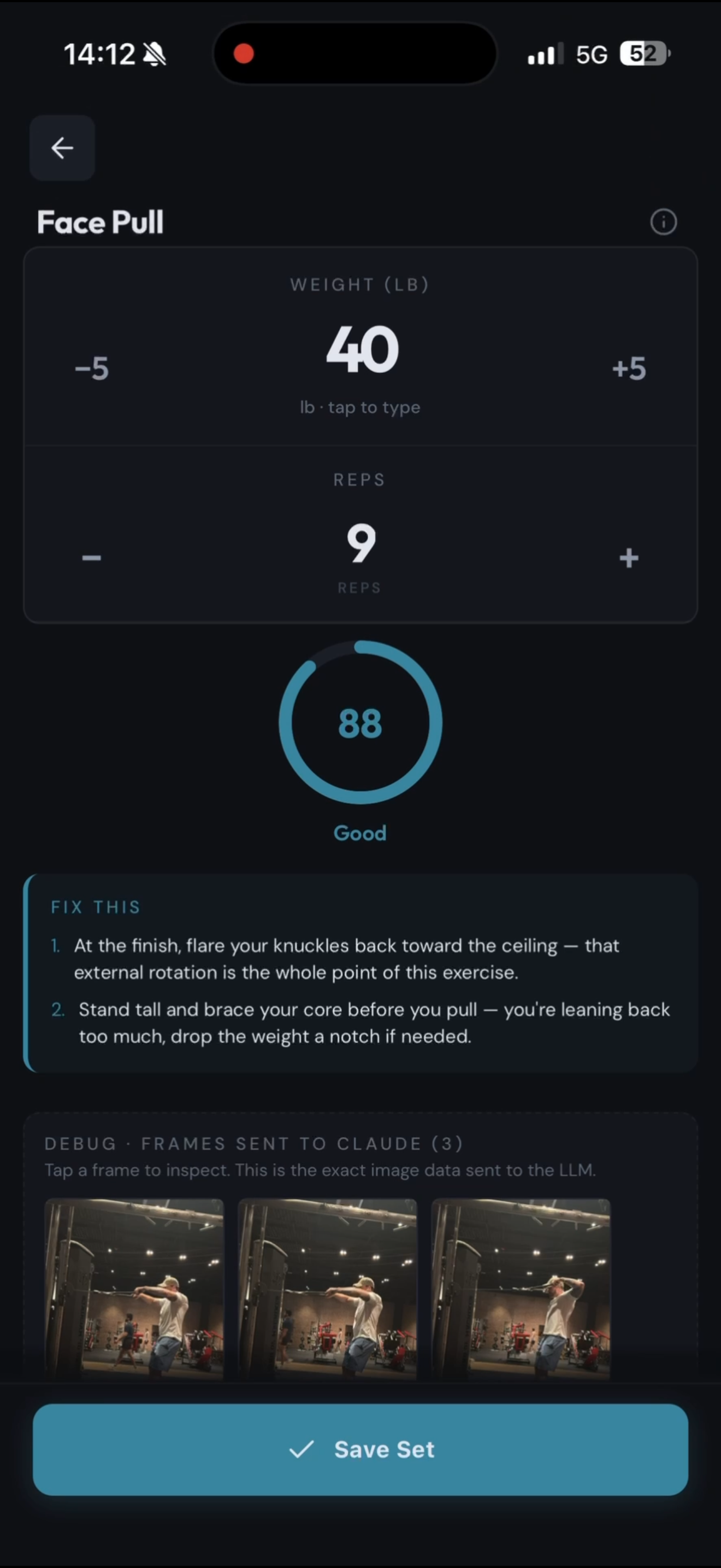 Form-analysis screen with a per-rep form score and specific corrections