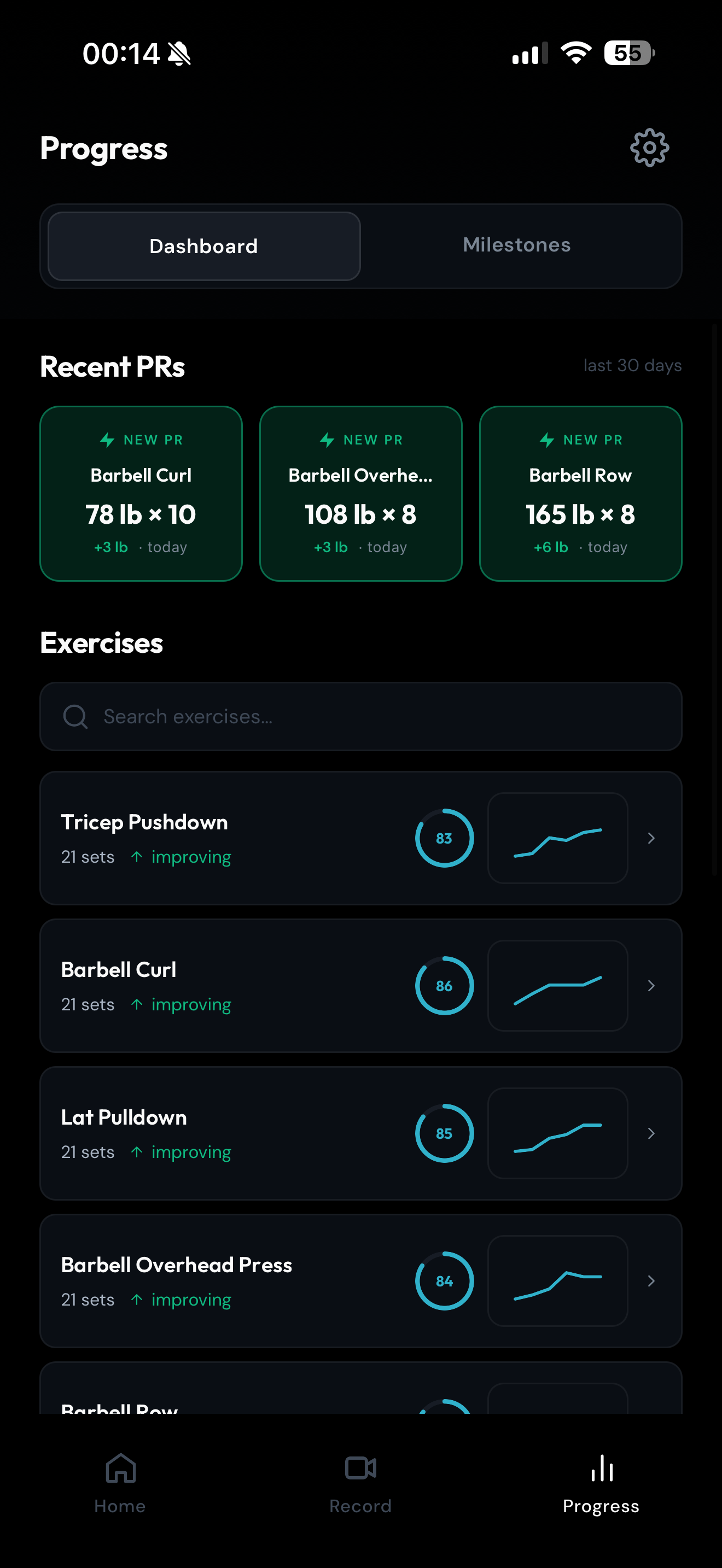 Progress dashboard with recent PRs and per-exercise form scores