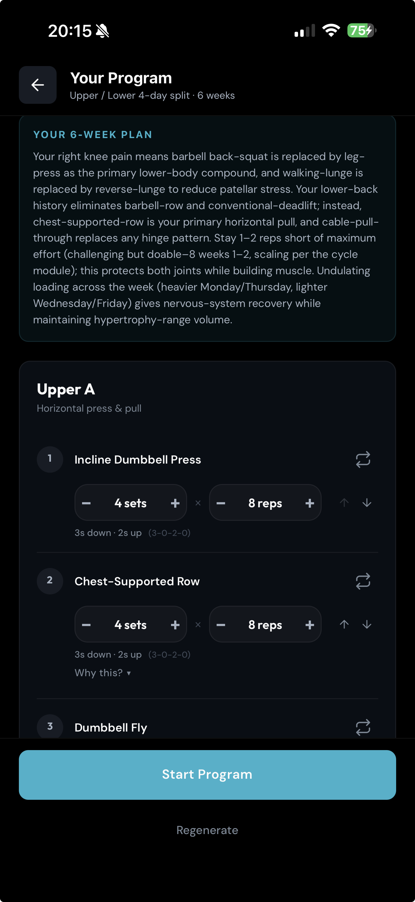 AI-generated training program with a plan rationale and exercise list