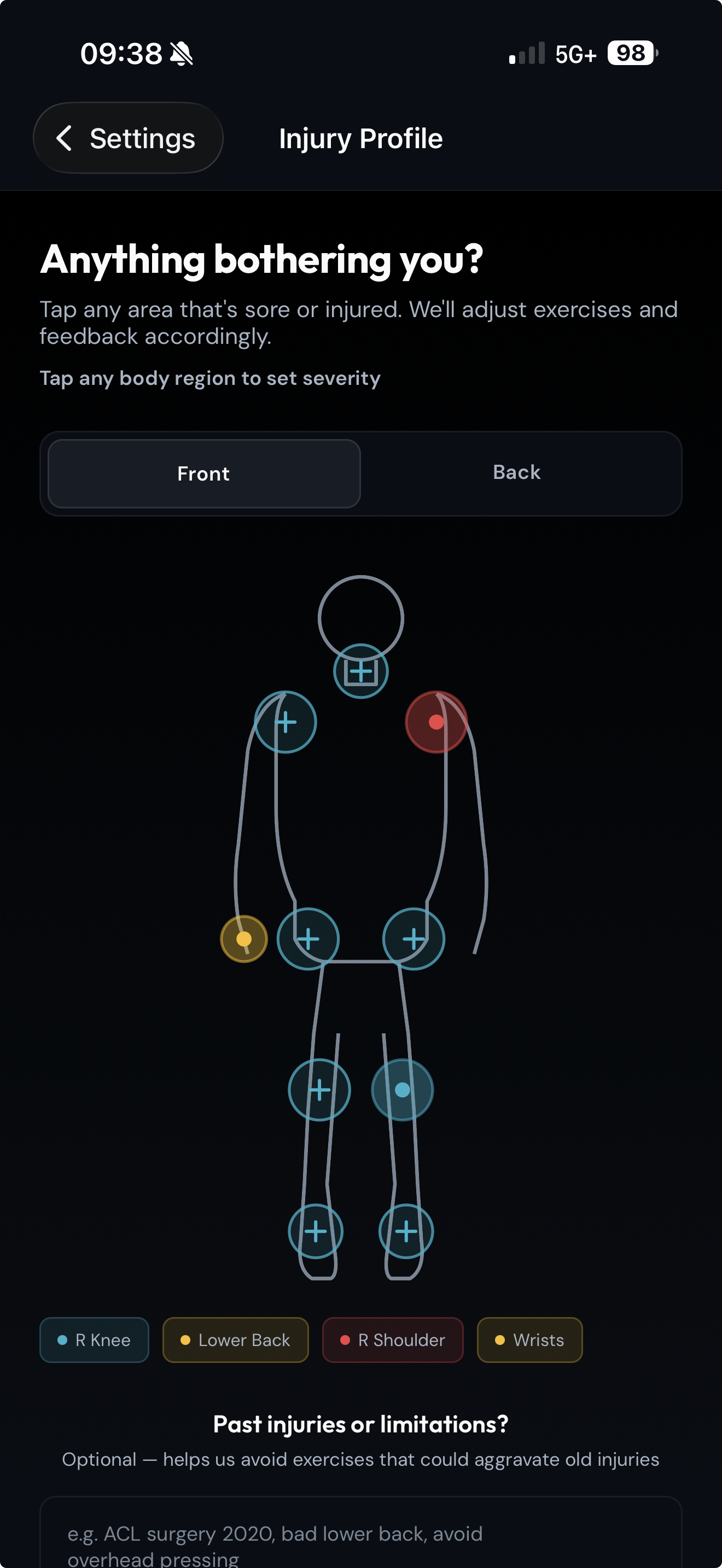 Injury profile body map for tagging sore or injured regions